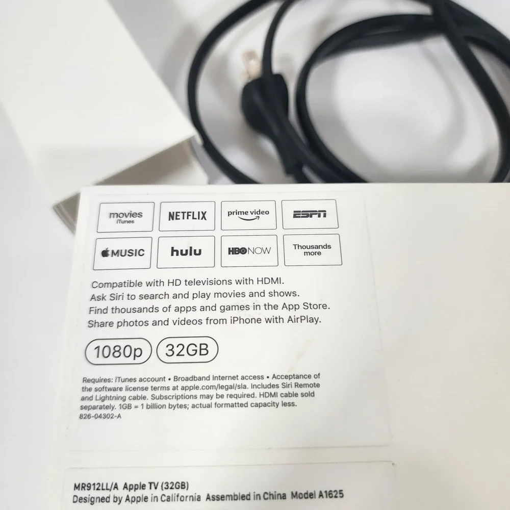 Apple TV HD 32GB A1625 MR912LL/A w/Siri Remote Box HDMI Cable Tested Works